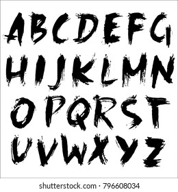 Handdrawn dry brush font. Modern brush lettering. Grunge style alphabet. Vector illustration.