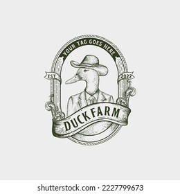 Hand-drawn duck. Bird, mallard, farm animal , Duck Wear Suit Vintage Logo Vector illustration Image