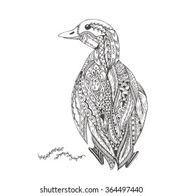  Hand-drawn duck with ethnic floral pattern. Coloring page - zendala, design for spiritual relaxation for adults, vector illustration, isolated on a white background. Zen doodles.