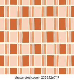 Hand-Drawn Earthy Orange and Brown Geometric Checks Vector Seamless Pattern. Modern Retro Palyful Print. Organic Square Shapes