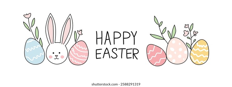 Hand-drawn Easter banner featuring a cute bunny, decorated eggs, and floral elements in pastel colors with Happy Easter text.	