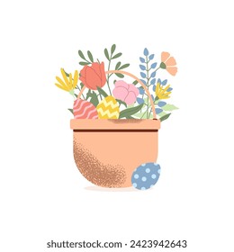 Handdrawn Easter basket with flowers and colourful eggs. Vector design with texture.