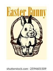 Hand-Drawn Easter Bunny in a Basket – Vintage Illustration