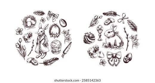 Hand-drawn Easter circle compositions with bunnies, eggs, flowers, and festive elements in vintage sketch style

