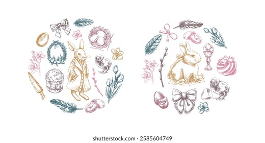 Hand-drawn Easter circle compositions with bunnies, eggs, flowers, and festive elements in vintage sketch style

