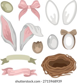 Hand-drawn Easter collection with bow and ribbon, Easter bunny ears, dyed eggs and nest