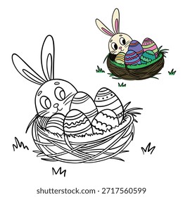 Ilustración para colorear de Pascua para niños dibujada a mano con un conejo y huevos en un nido, con un Hacer visto previo de color en la parte superior. Diseño lindo y educativo ideal para los niños