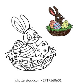 Hand-drawn children’s Easter coloring illustration featuring a bunny and eggs in a nest, with a colored preview shown at the top. Cute and educational design ideal for kids