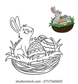 Hand-drawn children’s Easter coloring illustration featuring a bunny and eggs in a nest, with a colored preview shown at the top. Cute and educational design ideal for kids