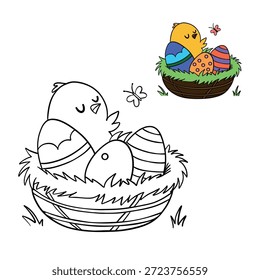Ilustración para colorear de Pascua para niños dibujada a mano con un nido con huevos y un lindo polluelo, con un Hacer visto previo de color que se muestra en la parte superior. Diseño educativo y lúdico perfecto para los niños