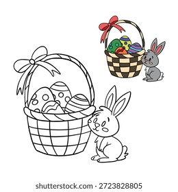  Handgezeichnete Ostergrafik für Kinder mit einem Korb, einem süßen Küken, einem Hasen und Ostereiern, mit einer farbigen Vorschau oben. Spielerisches und pädagogisches Design, ideal für Kinder