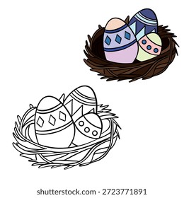 Handgezeichnete Ostermalseite mit dekorativ bemalten Eiern in einem gemütlichen Nest platziert. Schwarz-Weiß-Umrissgrafik für Kindermalbücher