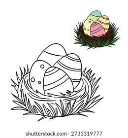 Desenho de Páscoa desenhado à mão com ovos pintados decorativos colocados em um ninho aconchegante. Ilustração de contorno preto e branco criada para livros de colorir infantis