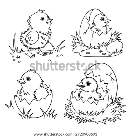Hand-drawn Easter coloring page featuring a cute little chick. Black and white outline illustration created for children’s coloring books