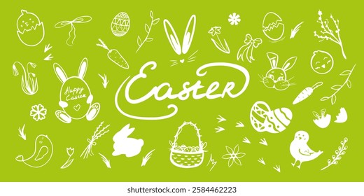 Hand-drawn Easter doodles in white on a vibrant yellow background, featuring eggs, rabbits, flowers, and festive elements with a playful and cheerful design.