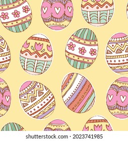 Hand-drawn Easter Eggs are decorated and ready for Sunday Morning. This fun vector pattern repeats seamlessly.