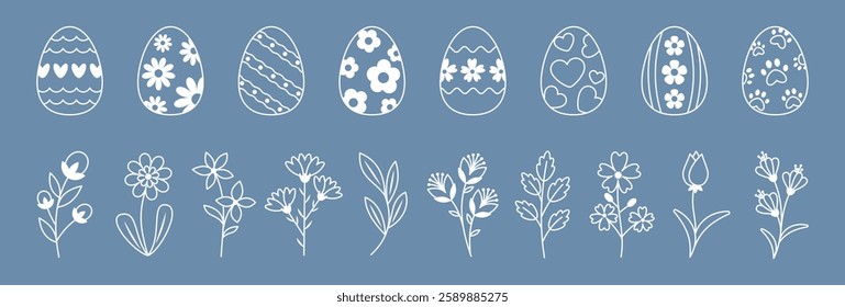 Hand-Drawn Easter Eggs and Spring Flowers in Minimalist Line Art Style on Blue Background. Editable Stroke. Perfect for Easter, Spring Celebrations, Greeting Cards, and DIY Projects