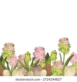 Handgezeichnete Osterfloraleinfassungen aus Hyazinthblumen, Brötchen und Knospen, zerrissenen Eierschalen und Vogeleiern, saisonale Designvorlage