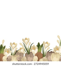 Hand-drawn Easter floral border made of crocus flowers, buns and bulbs, cracked eggshell and bird eggs, seasonal design template