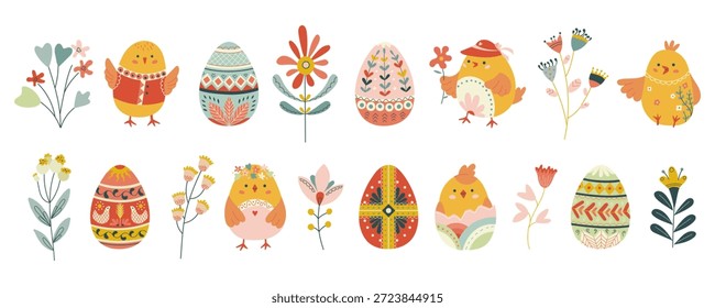 Conjunto de ilustración popular de Pascua dibujado a mano con pollitos lindos, huevos decorados y flores de primavera en acogedora colección de Vector de estilo escandinavo para tarjeta de vacaciones, diseño infantil, embalaje y decoración de temporada