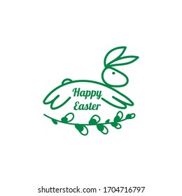 Hand-drawn easter green rabbit and pussy-willow twig on a white background, happy easter, great for cards, banners, vector illustration