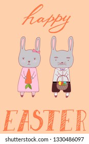Handdrawn Easter greeting card with banny/rabit boy and girl. Hand lettering greeting phrase Happy Easter. Cute poster with greeting vector illustration.
