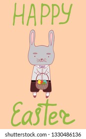 Handdrawn Easter greeting card with banny/rabit . Hand lettering greeting phrase Happy Easter. Cute poster with greeting vector illustration.
