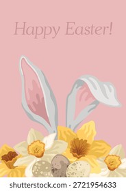 Cartão de saudação de Páscoa desenhado à mão com orelhas de coelho e ovos de Páscoa e flores de narciso florescente e texto de Páscoa feliz