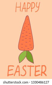 Handdrawn Easter greeting card with carrot. Hand lettering greeting phrase Happy Easter. Cute poster with greeting vector illustration.
