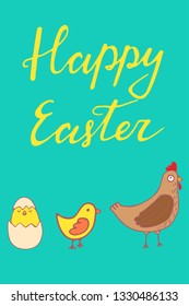Handdrawn Easter greeting card with chikend and hen. Hand lettering greeting phrase Happy Easter. Cute poster with greeting vector illustration.
