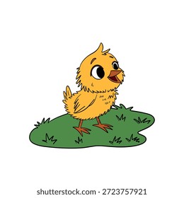 Ilustração de Páscoa desenhada à mão com um pequeno filhote bonito andando em um prado de primavera. Arte sazonal alegre para a Páscoa 