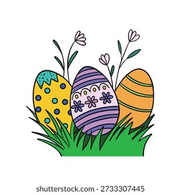 Hand-drawn Easter illustration featuring traditional painted eggs placed in a cozy nest. Festive spring artwork for Easter
