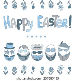 Hand-drawn easter illustration  with flowers and easter eggs in glasses. Vector art on isolated white background.