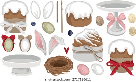 Hand-drawn Easter illustrations set of Easter cakes and dyed eggs, bird nest and bows and candles, spring holiday collection