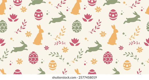 hand-drawn easter pattern with bunnies, doodles, flowers and eggs on seamless pattern pastel background