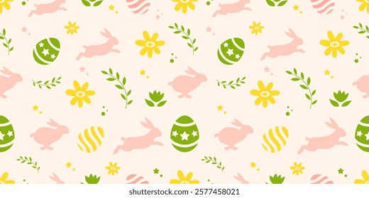 hand-drawn easter pattern with bunnies, doodles, flowers and eggs on seamless pattern pastel background