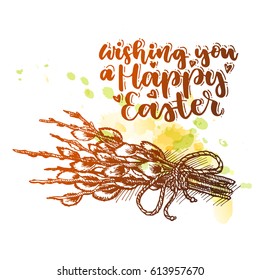 Hand-drawn Easter willow branch. A bouquet of willow branches tied with a string. Ink sketch. With a gradient from brown to yellow. Against a background of green and yellow splashes.