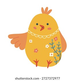 Pollito amarillo de Pascua dibujado a mano con detalles florales en estilo escandinavo. Lindo personaje de primavera con detalles populares. Ilustración vectorial festiva para tarjetas de Pascua, invitaciones, diseño de niños. Feliz Pascua