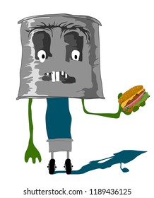 Hand-drawn eccentric-fictional character with a sandwich.Vector illustration.