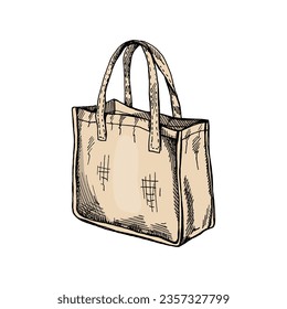 Hand-drawn eco bag sketch. Ecological concept, nature protection, textile linen bag. Colored doodle drawing. Vintage illustration.