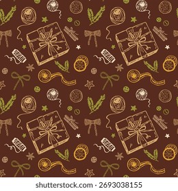 Hand-drawn eco Christmas seamless pattern with gifts, twine bows, ribbons, dried oranges, and natural color elements. Perfect for sustainable holiday wrapping, decor, and design
