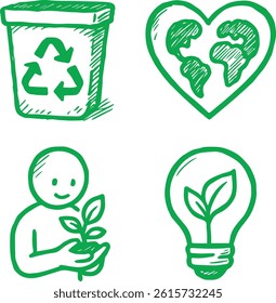 Hand-Drawn Eco Icon Set – Unique Recycling and Green Energy Sketches