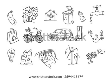 Hand-drawn eco-friendly doodle set featuring sustainable energy, recycling, electric vehicles, water conservation, and environmental protection symbols. Vector line art drawings