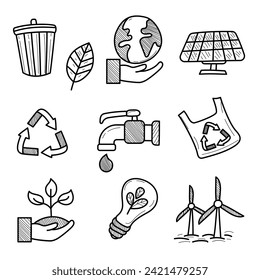 Ilustración vectorial de elementos ecológicos dibujados a mano sobre un fondo blanco. Doodles ecológicos