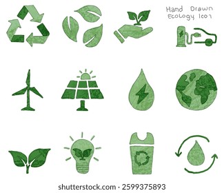 Hand-Drawn Ecology Icons Representing Renewable Energy, Sustainability, and Environmental Protection