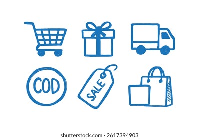 Handdrawn E-Commerce Icons in Doodles Style. Shopping and Delivery Icon Set with COD, Sale Tag. Online Store Icons – Cart, Gift, Truck, Bag.