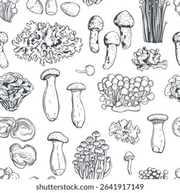 Hand-drawn edible mushrooms of Asia. Vector  seamless pattern