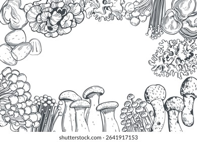 Hand-drawn edible Mushrooms of Asia. Vector background. Sketch  illustration.