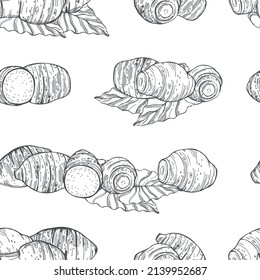 Hand-drawn  edible taro(Colocásia esculénta). Vector seamless pattern.