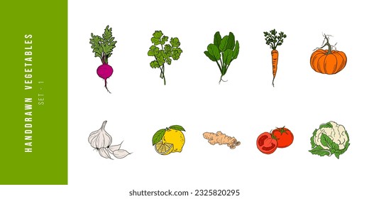 Hand-drawn editable vegetable vector illustrations for brochures, cafe flyers, delivery, and restaurant menu.